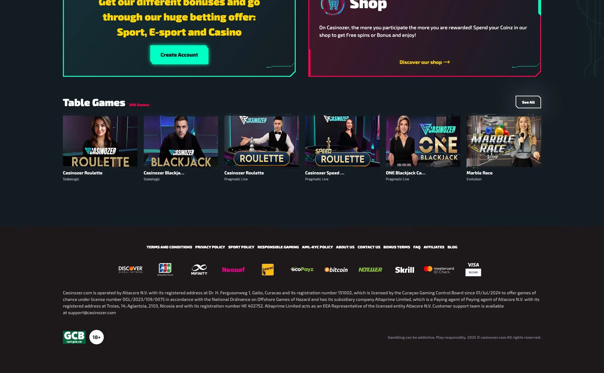 les bonus de Casinozer